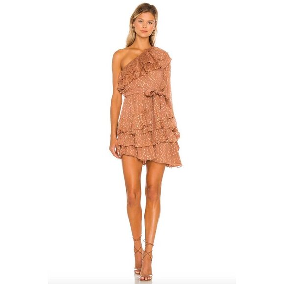 ROCOCO SAND Aine One Shoulder Belted Mini Dress Tan Womens Size Small - Picture 9 of 9